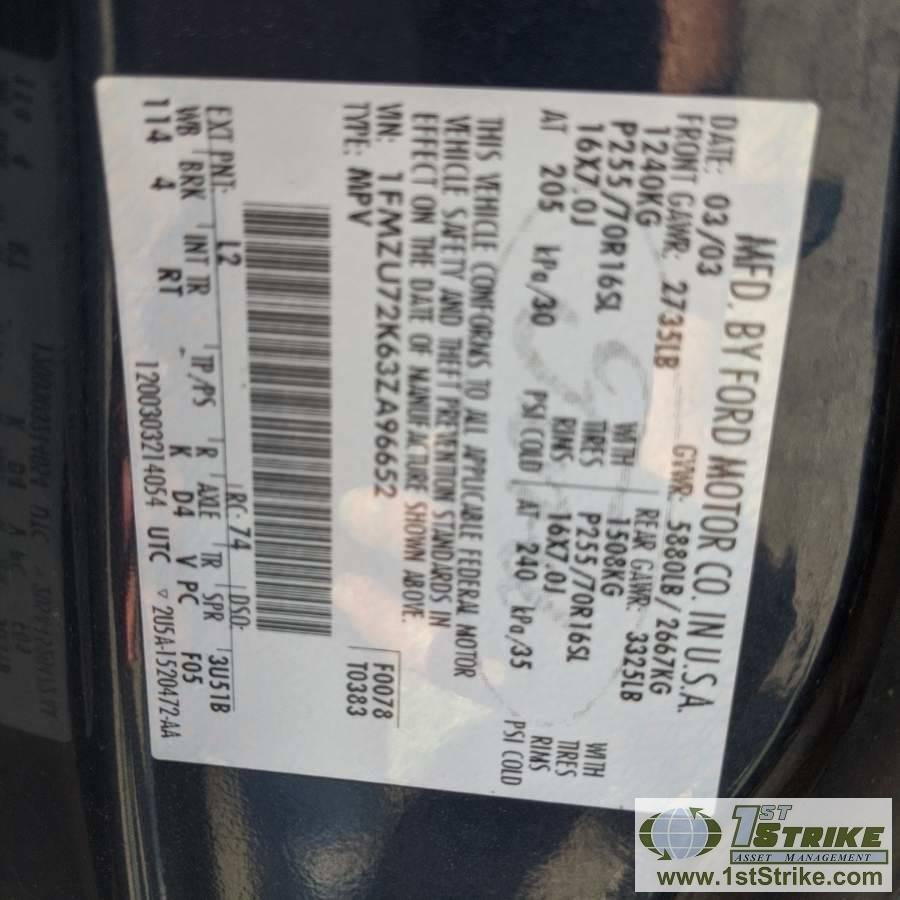 2003 FORD EXPLORER XPL, 4.0L GAS ENGINE, 4X4, 4-DOOR SN